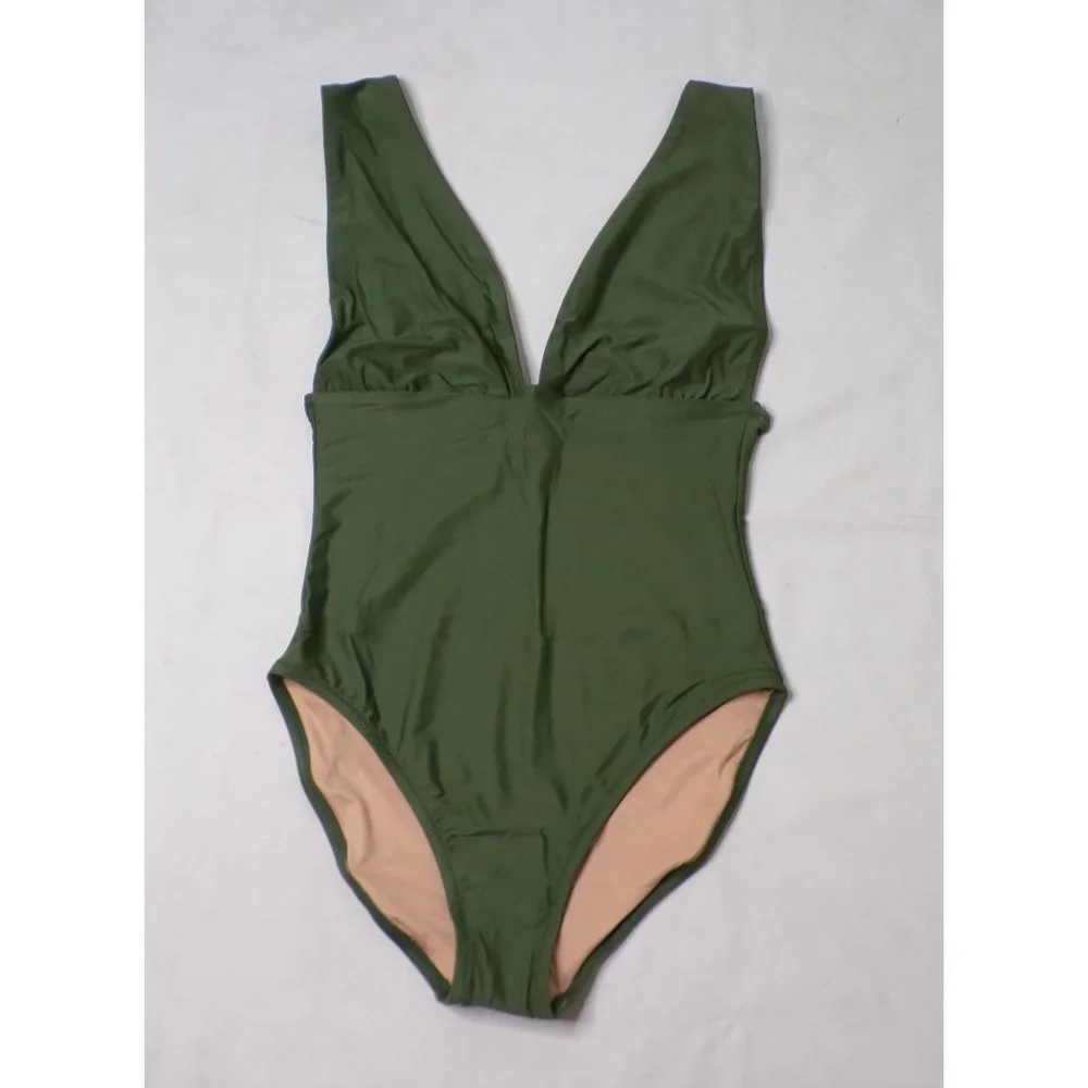 J CREW V-Neck Plunge One-Piece Swimsuit  Safari Green 14 NWT $98 - Picture 2 of 5